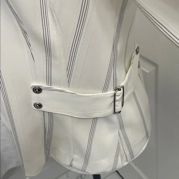 Frank Lyman Design Winter White Striped Blazer Top Button Down Front & Cuffs Sz8 - Picture 3 of 13
